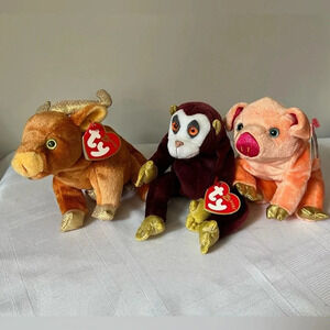 Vintage Ty Beanie Babies Lot of 3 Zodiac Collection -  Ox, Monkey & Pig